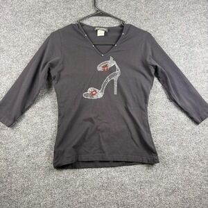 Get Lucky Shirt Womens Small Black Rhinestone High Heel V Neck 3/4 Sleeve Top
